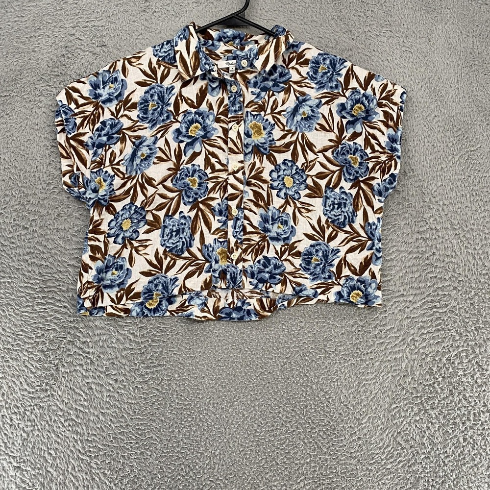 Madewell‎ Linen Camp Shirt Womens Medium Cropped Button Up Boxy Floral Top